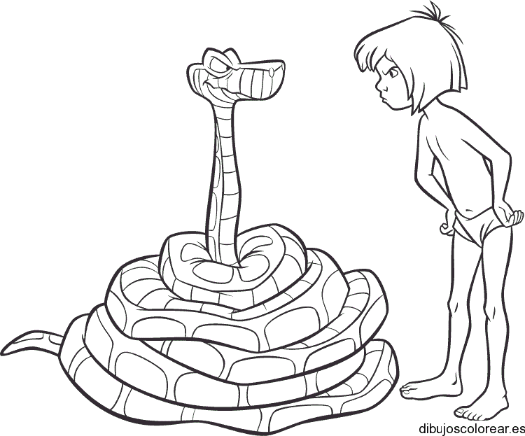 Dibujo de Mowgli y la serpiente para colorear