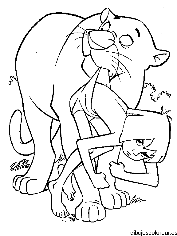Dibujo de Mowgli y un león para colorear