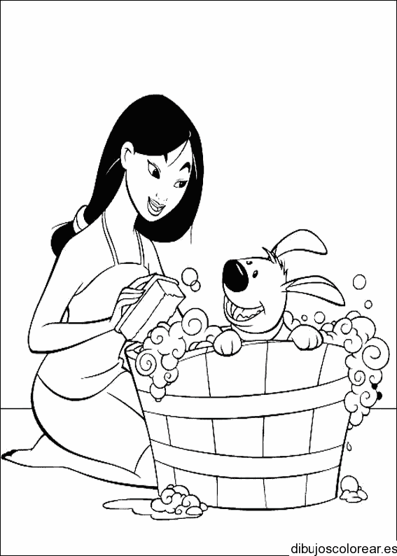 Dibujo de Mulan bañando a un perro para colorear