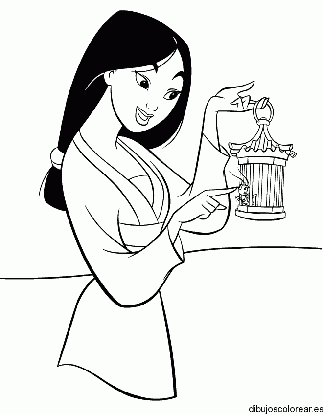 Dibujo de Mulan con una jaula para colorear