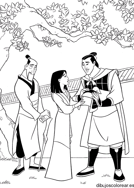 Dibujo de Mulan su padre y el capitán del ejército para colorear
