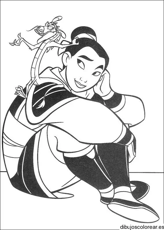 Dibujo de Mulán y el dragón Mushu para colorear