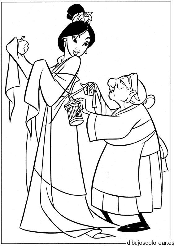 Dibujo de Mulan y su abuela para colorear