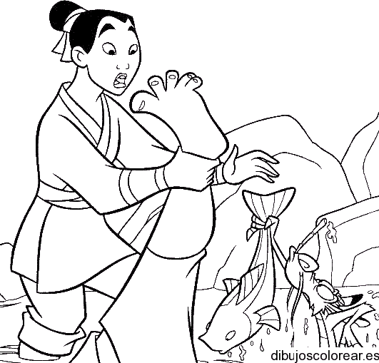 Dibujo de Mulan y un pez para colorear