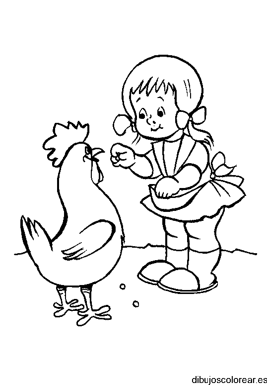 Dibujo de niña alimentando pollo para colorear