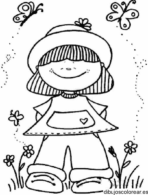 Dibujo de niña con sombrero y mariposas para colorear