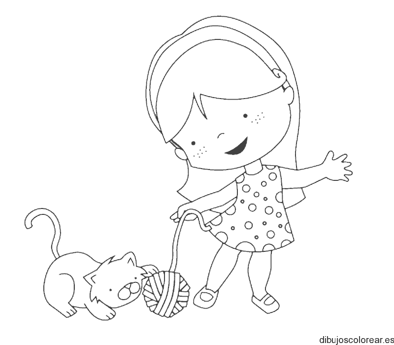 Dibujo de niña con un gato y su madeja para colorear