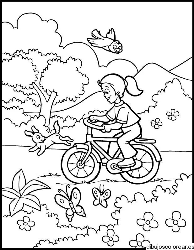 Dibujo de niña en bicicleta en el parque para colorear