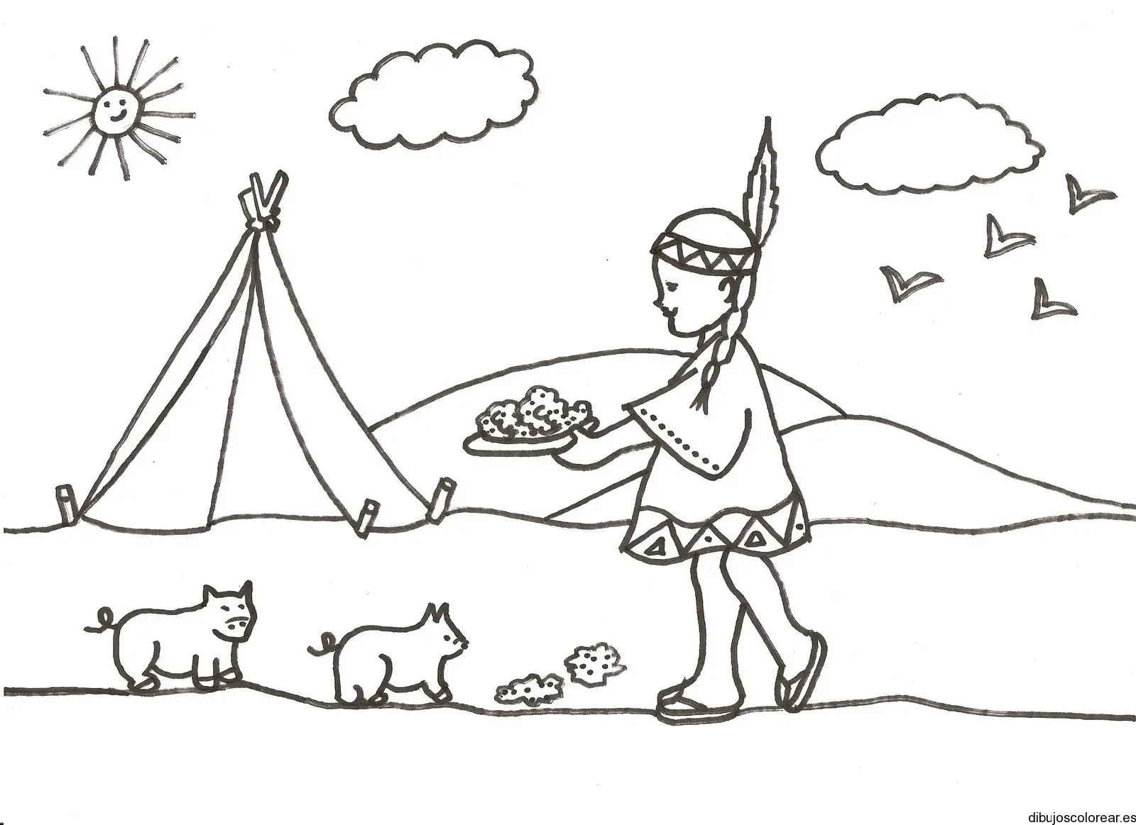 Dibujo de niña india con dos gatos para colorear