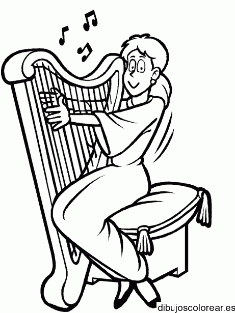 Dibujo de niña tocando arpa para colorear