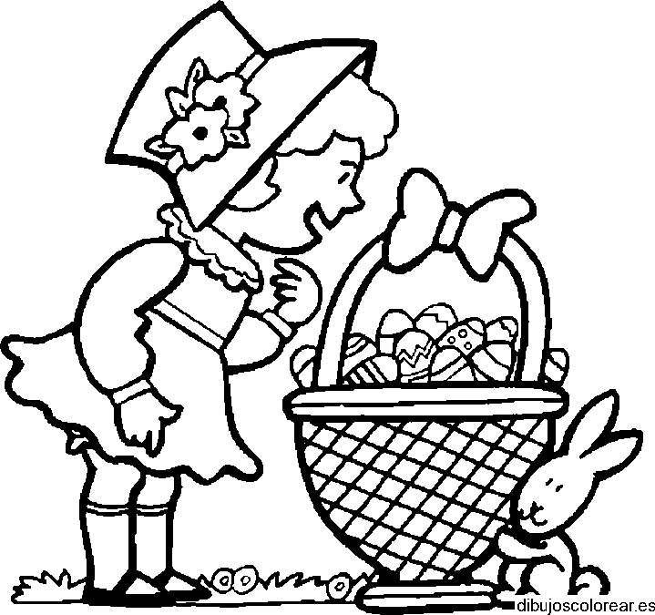 Dibujo de niña y una cesta con huevos pascua para colorear