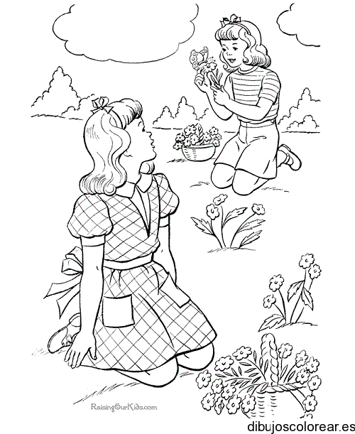 Dibujo de niñas jugando en el prado para colorear
