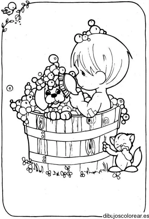 Dibujo de niño bañando un perro para colorear
