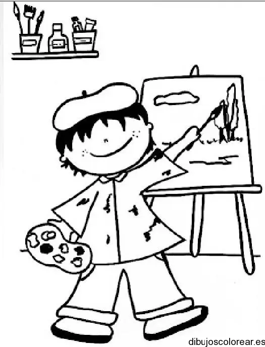 Dibujo de niño pintor con caballete para colorear