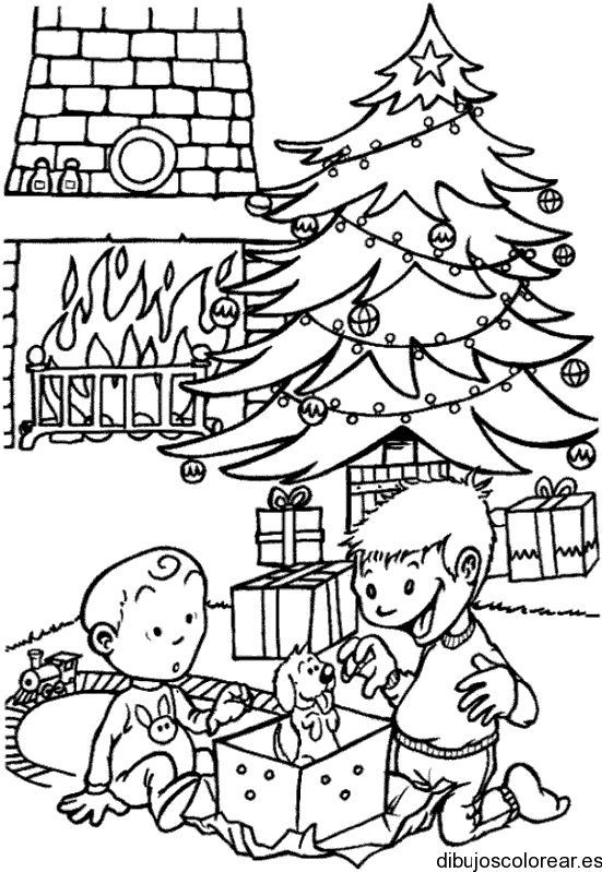 Dibujo de niños abriendo regalos para colorear