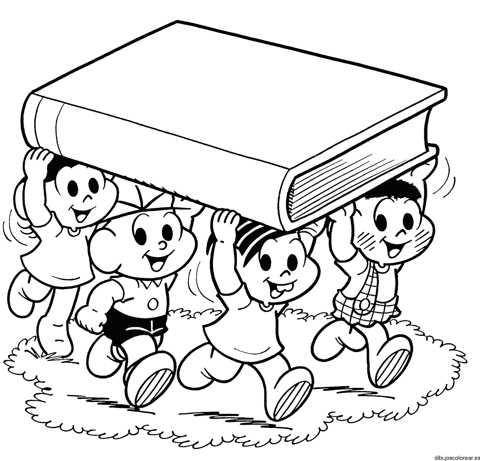 Dibujo de niños cargando un enorme libro para colorear
