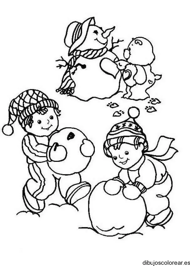 Dibujo de niños con un hombre de nieve y un oso para colorear