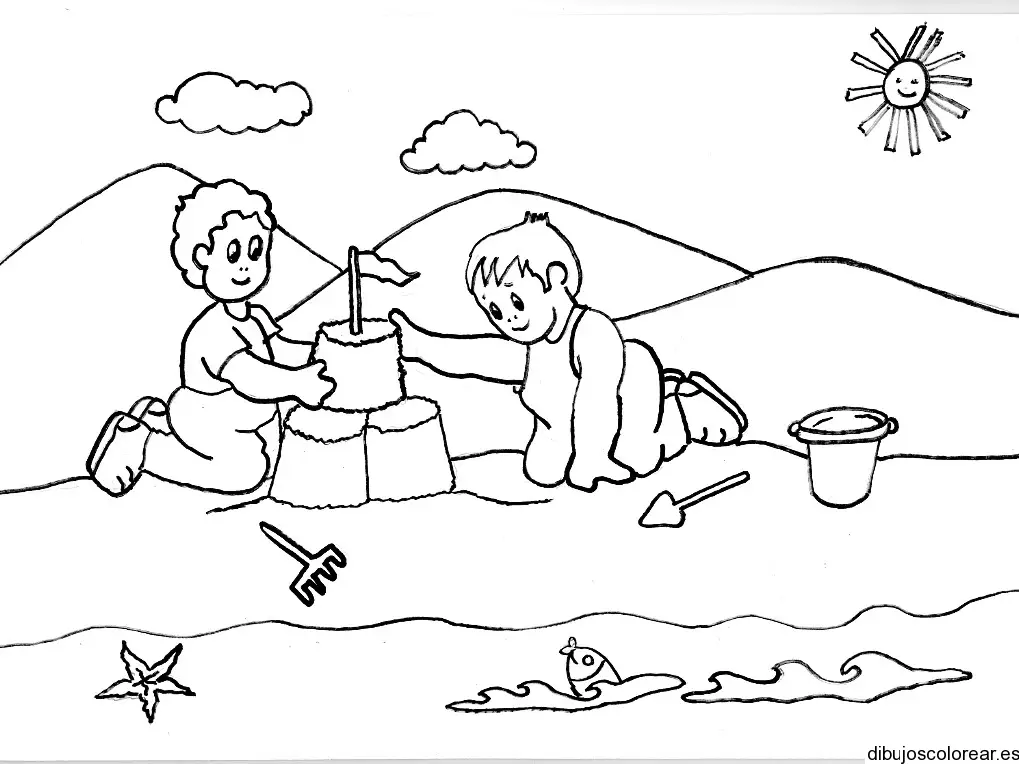 Dibujo de niños construyendo un castillo para colorear