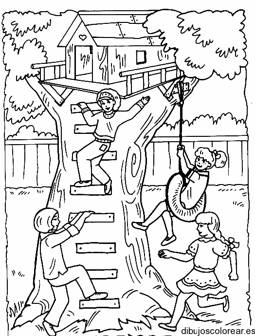 Dibujo de niños en la casa del árbol para colorear
