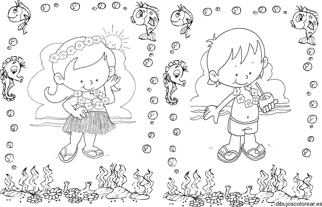 Dibujo de niños en la playa con peces para colorear
