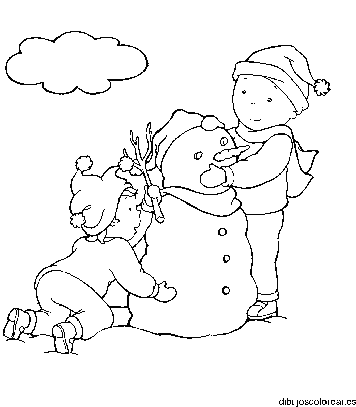 Dibujo de niños haciendo hombre de nieve para colorear