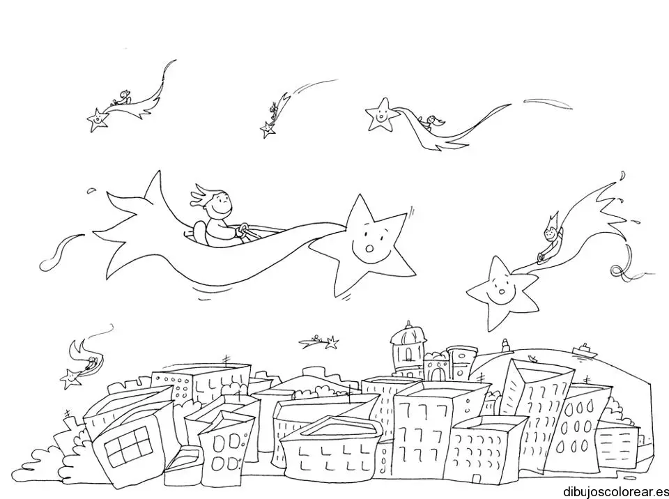 Dibujo de niños jugando con las estrellas para colorear