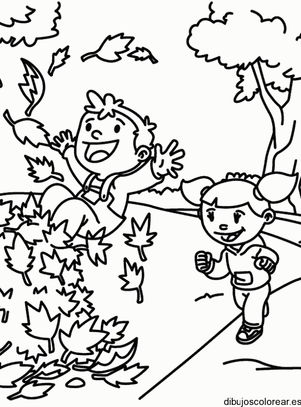 Dibujo de niños jugando en el bosque para colorear