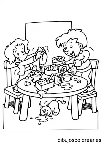 Dibujo de niños preparando un pastel para colorear