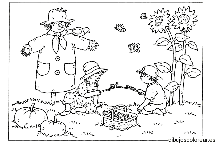 Dibujo de niños y un espantapájaros para colorear