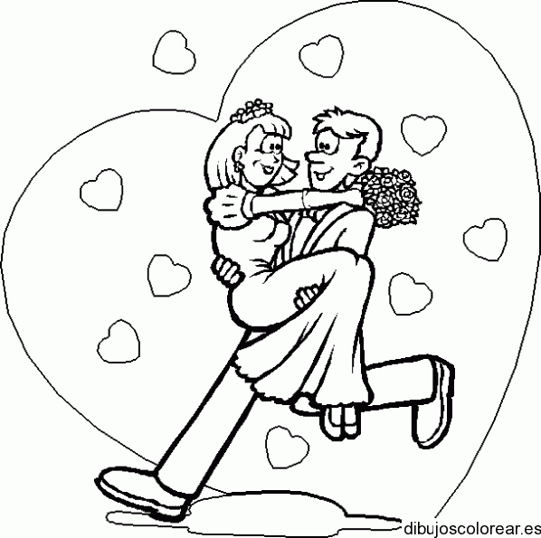Dibujo de novios en un corazón para colorear