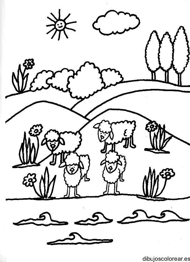 Dibujo de ovejas en un lago para colorear