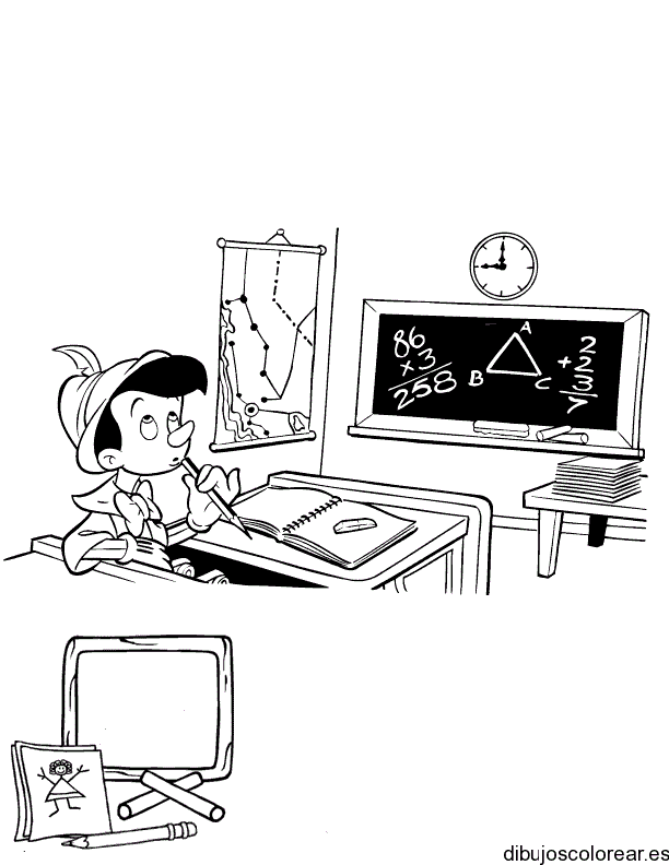 Dibujo de Pinocho en un pupitre para colorear