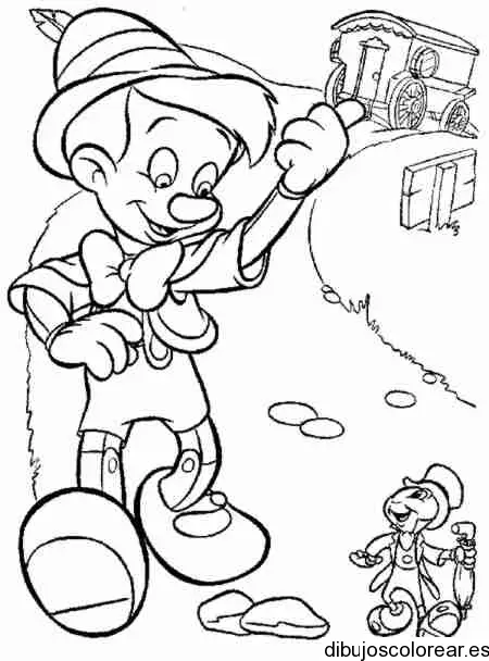 Dibujo de Pinocho paseando con Pepe Grillo para colorear