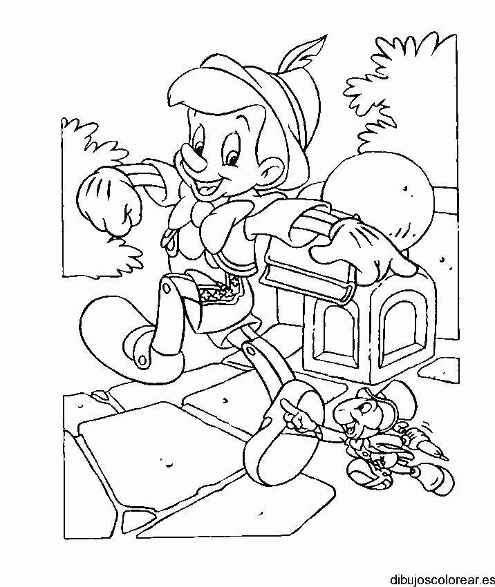 Dibujo de Pinocho y Pepe Grillo a la escuela para colorear