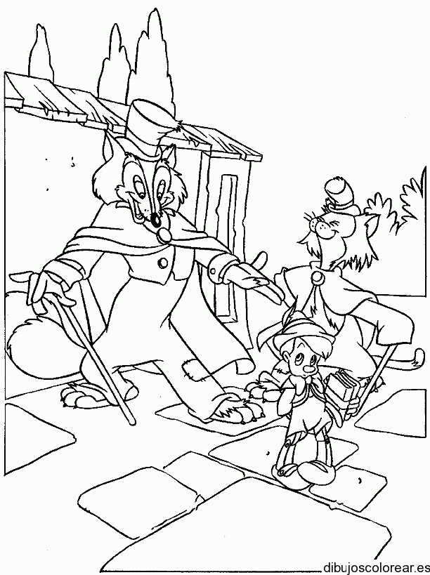 Dibujo de Pinocho y un lobo para colorear