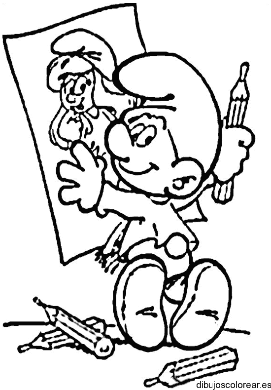 Dibujo de Pitufo pintando a Pitufina para colorear