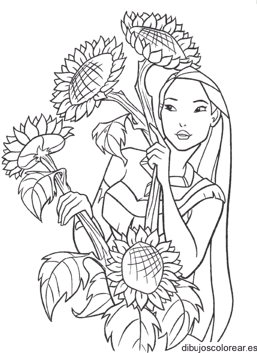 Dibujo de Pocahontas con dos girasoles para colorear