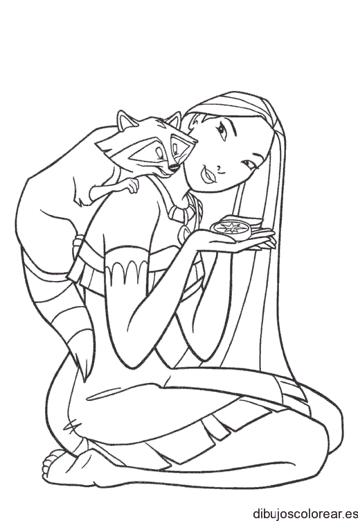 Dibujo de Pocahontas y el mapache en su hombro para colorear