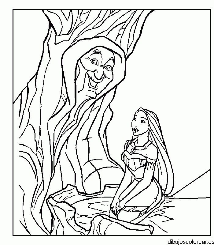 Dibujo de Pocahontas y un árbol para colorear