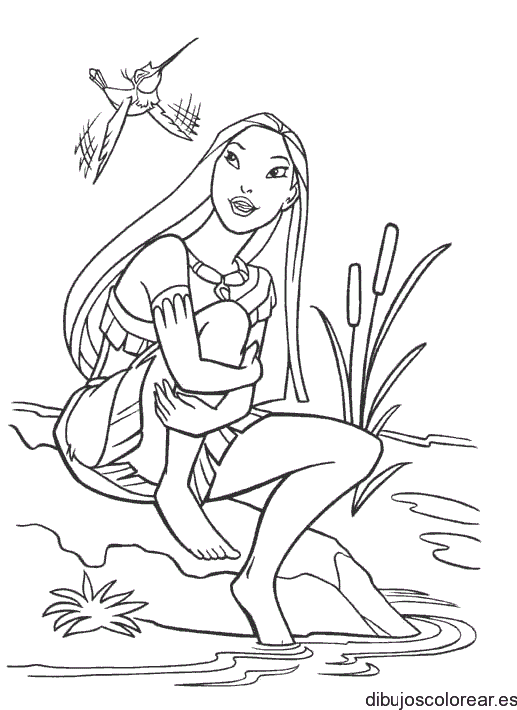 Dibujo de Pocahontas y un ave para colorear