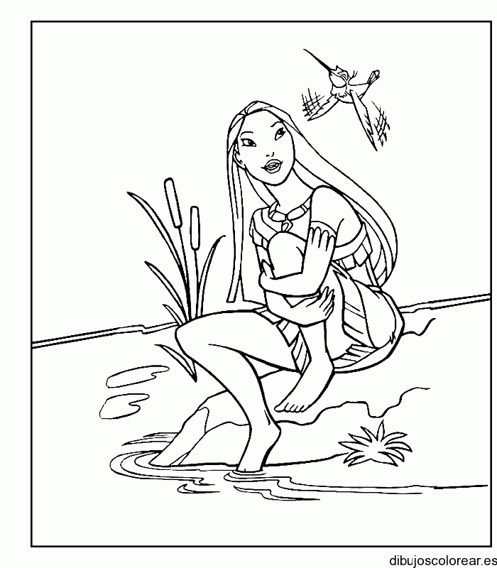 Dibujo de Pocahontas y un ave para colorear