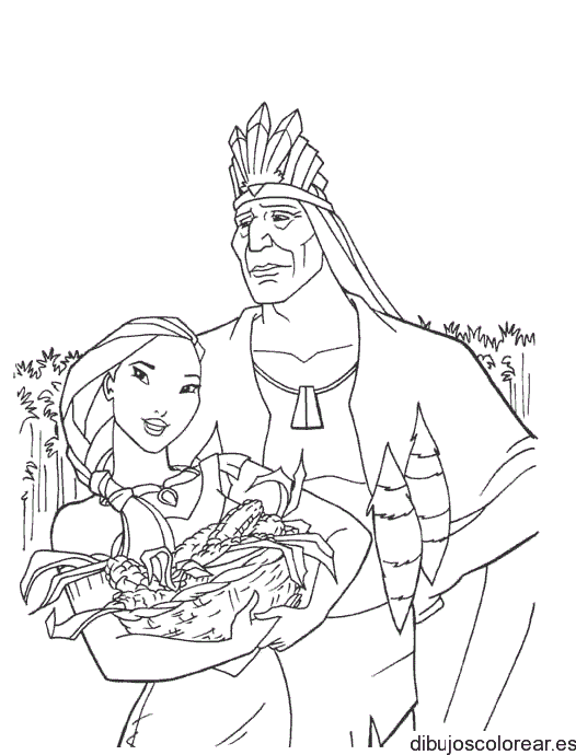 Dibujo de Pocahontas y un cesto de frutas para colorear