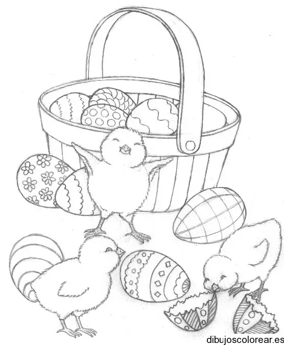 Dibujo de pollitos y huevos de pascua para colorear