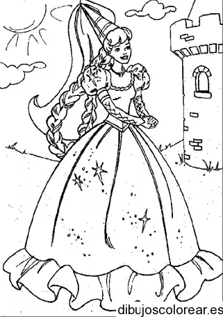 Dibujo de Rapunzel frente al castillo para colorear