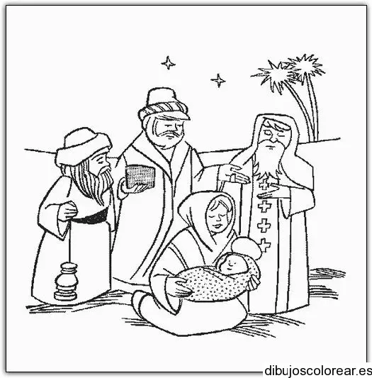 Dibujo de Reyes Magos visitando al niño Jesús para colorear