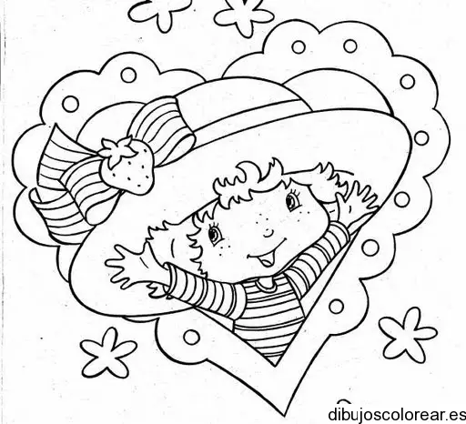 Dibujo de Rosita Fresita dentro de un corazón para colorear