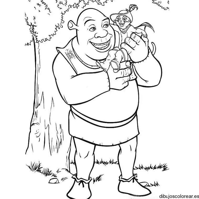 Dibujo de Shrek con Gato con botas para colorear