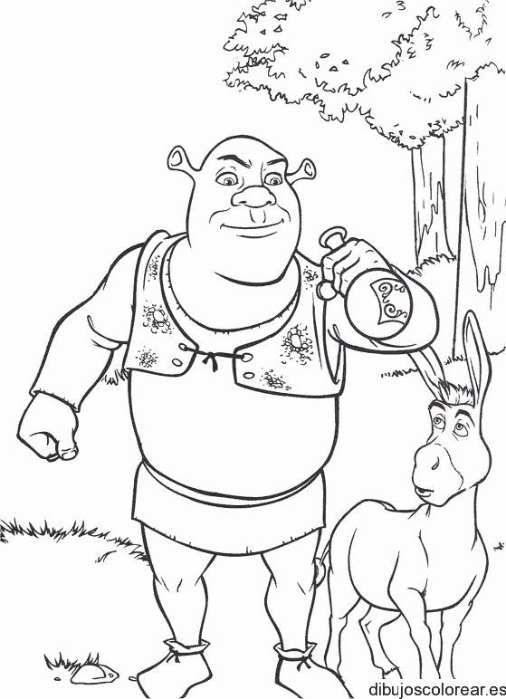 Dibujo de Shrek y burro en el bosque para colorear