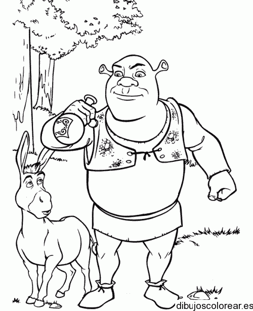 Dibujo de Shrek y el Burro de paseo por el bosque para colorear