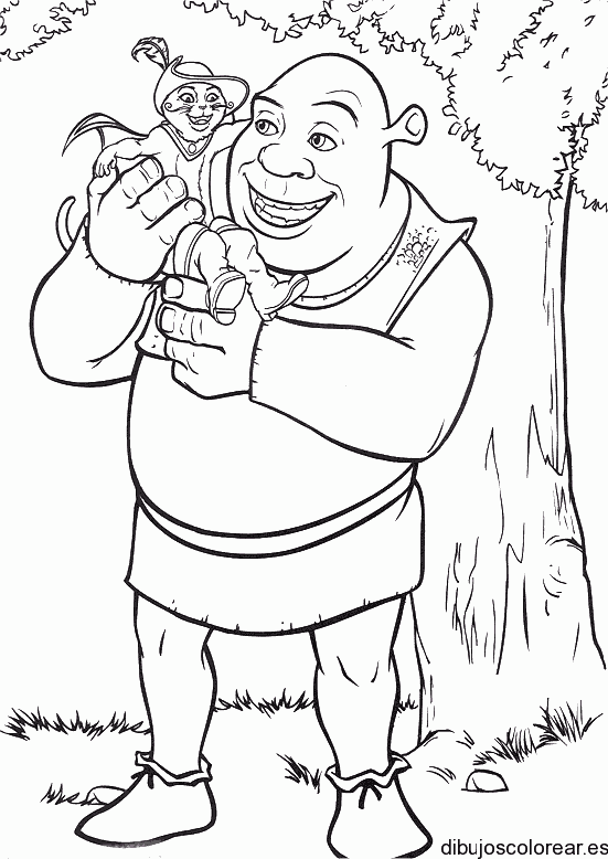 Dibujo de Shrek y el Gato con botas sonriendo para colorear